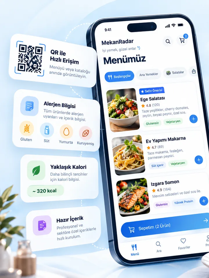 MekanRadar QR Menü ekranında ürün görselleri, alerjen ve yaklaşık kalori bilgileri